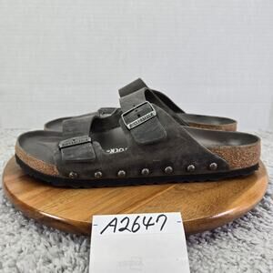 Birkenstock Mens 44 Arizona Light Studs Gray Leather Double Strap Studded Sandal